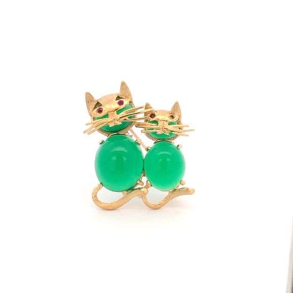 14K Yellow Gold 1960's Green Glass Ruby Kitty Cats Kittens Pin/Brooch
