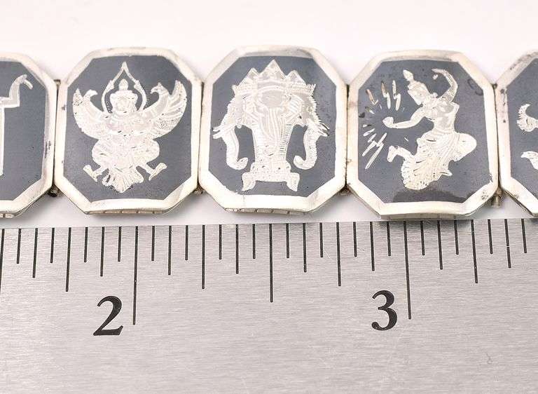 Vintage Siam Niello Mekkala Panel Link Bracelet In Sterling Silver