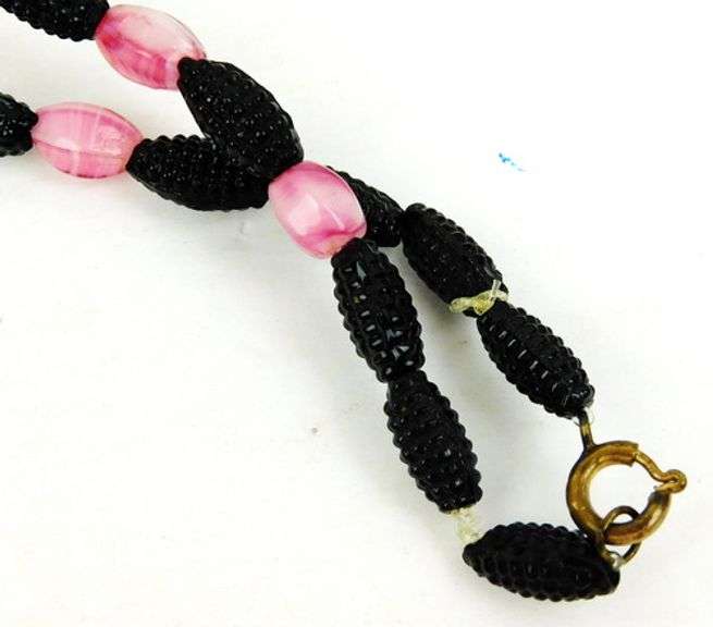 Early Pink & Black Art Glass Bead Necklace