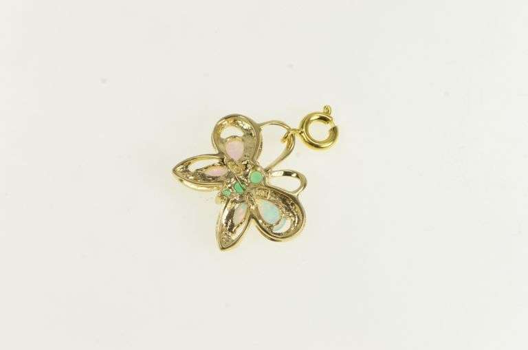 10K Yellow Gold Ornate Syn. Emerald & Opal Butterfly Charm/Pendant