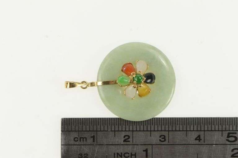 14K Yellow Gold Jadeite Bi Pear Flower Cluster Vintage Pendant