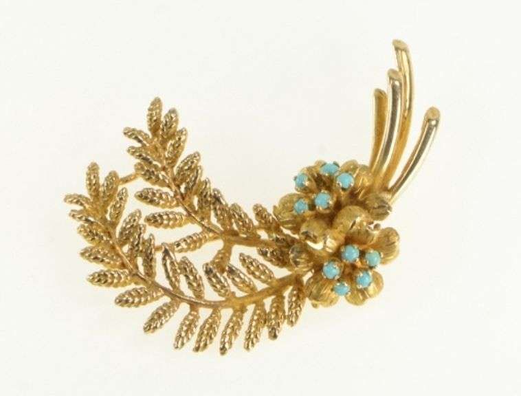 10K Yellow Gold Turquoise Cluster Fern Leaf Sprig Retro Pin/Brooch