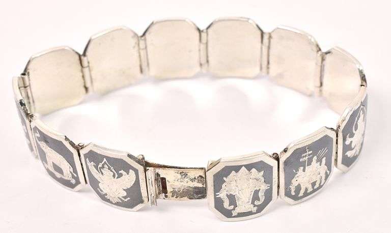 Vintage Siam Niello Mekkala Panel Link Bracelet In Sterling Silver
