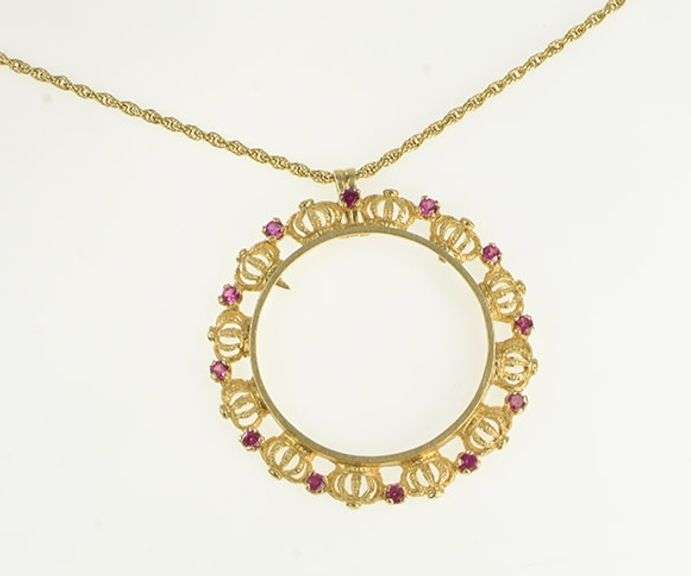 14K Yellow Gold Ruby 1 Oz Gold Eagle $50 Coin Holder Chain Necklace