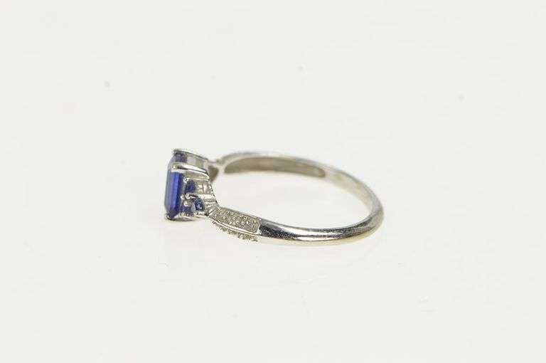10K White Gold Emerald Cut Syn. Sapphire Diamond Vintage Ring