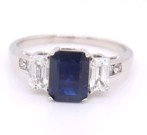 Handsome White Gold Blue and White Sapphire Three Stone Ring