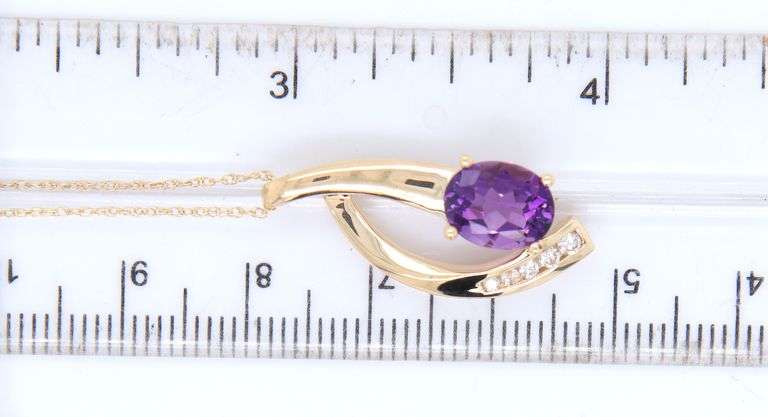 Gorgeous Yellow Gold oval Amethyst and Diamond Pendant on Chain Necklace