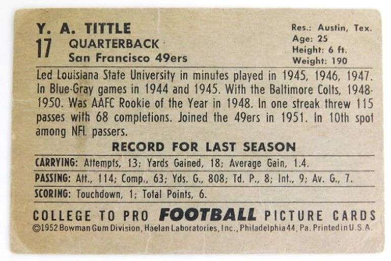 Rare Y.A. Tittle 1952 Bowman Football Card
