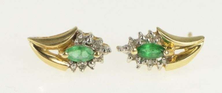 10K Yellow Gold Marquise Emerald Diamond Halo Vintage Stud Earrings