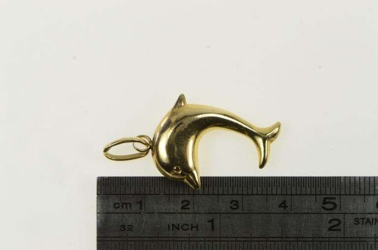 14K Yellow Gold Puffy Jumping Dolphin Ocean Motif Charm/Pendant