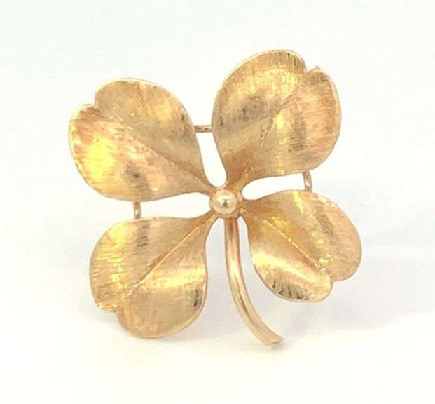 14K Yellow Gold Brushed Finish Retro Four Leaf Clover Lucky Pin/Brooch