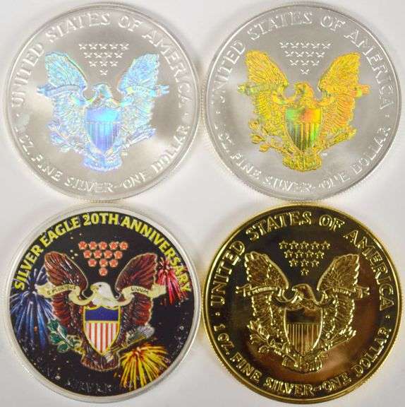 Lot Of 4 American Silver Eagles Colorized, Holographic, Gold-Plated