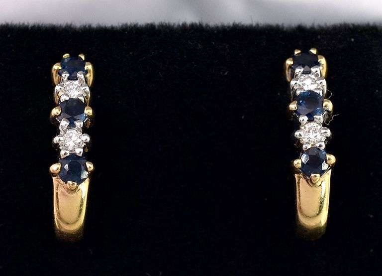 Attractive Blue Sapphire and Diamond J-Hoop Earrings in 14K Yellow Gold