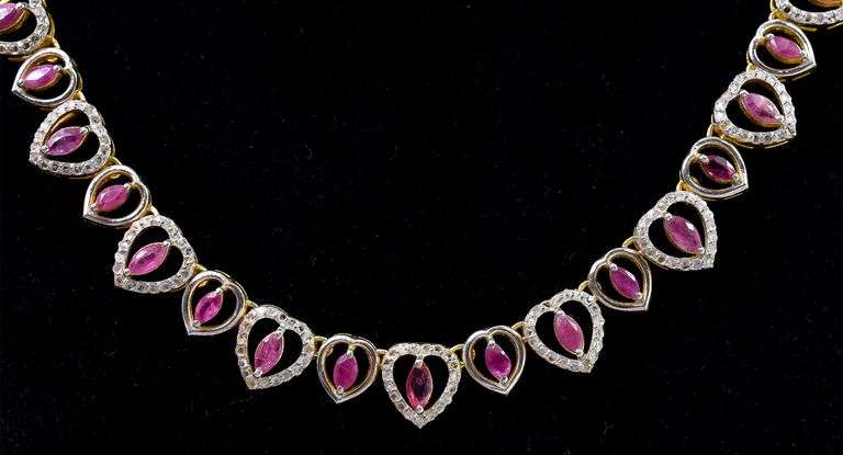 Mesmerizing 9.86CTW Marquise Cut Ruby & 5.00CTW Diamond Necklace in Gold Plated Sterling Silver