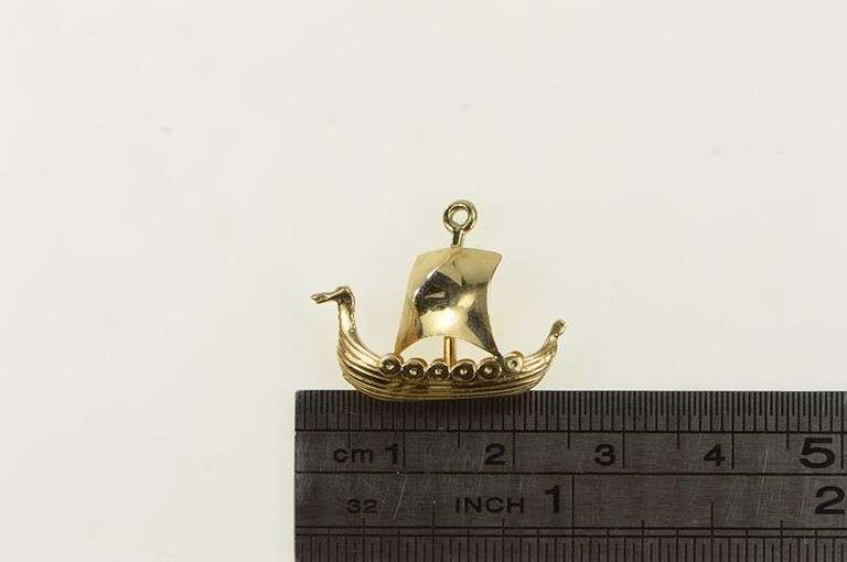 14K Yellow Gold 3D Viking War Ship Langskip Sail Boat Charm/Pendant