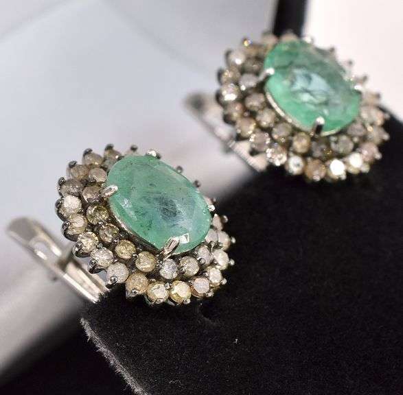 Amazing 3.10CTW Natural Emerald & 1.25CTW Diamond Earrings in Sterling Silver