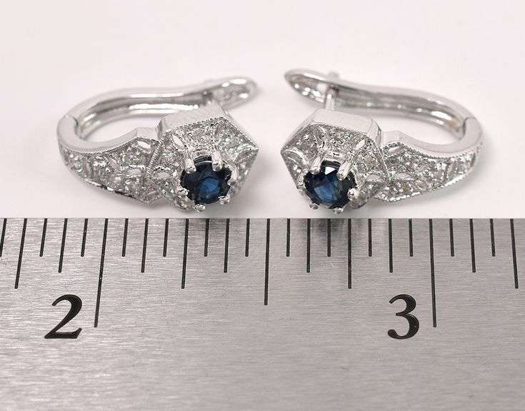 Beautiful Blue Sapphire and Diamond Dangle Earrings In 14K White Gold