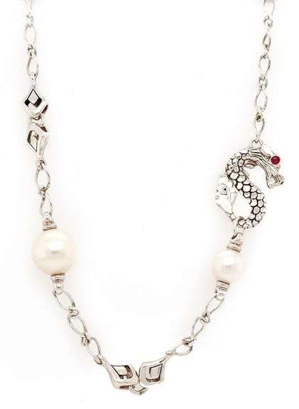 John Hardy Cultured Pearl and Ruby Naga Dragon Sautoir Necklace in Sterling