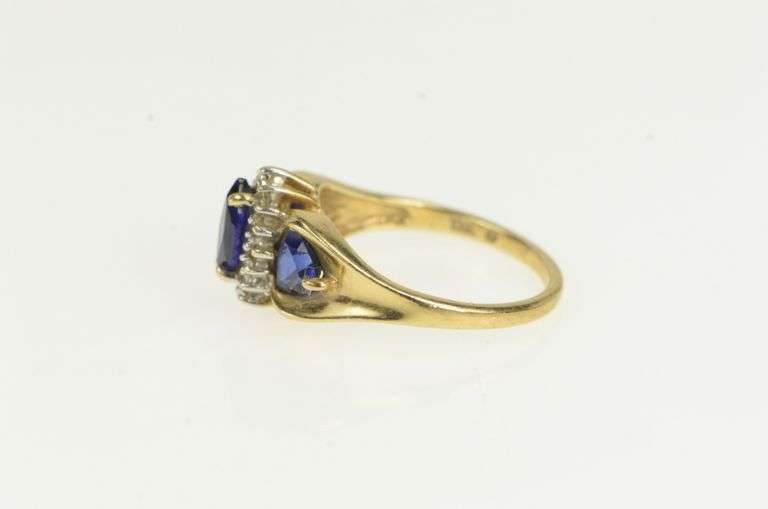 10K Yellow Gold Syn. Marquise Sapphire Diamond Halo Statement Ring