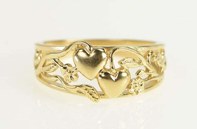 14K Yellow Gold Vine Leaf Heart Vintage Love Statement Band Ring