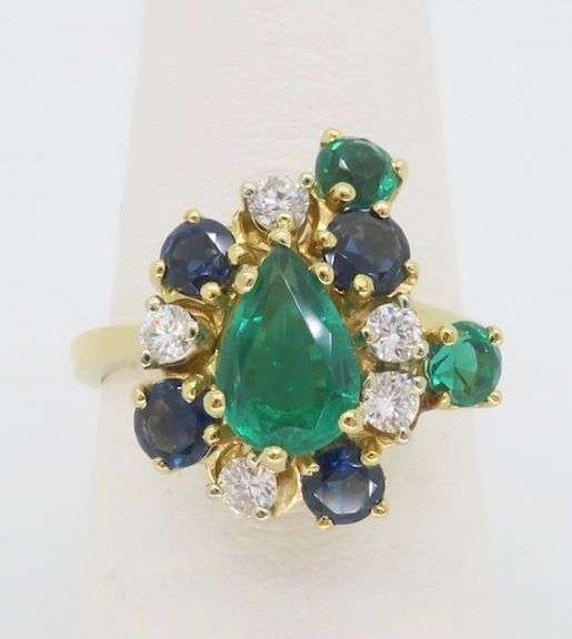 Emerald, Sapphire, and Diamond Cocktail ring in 18k Yellow Gold