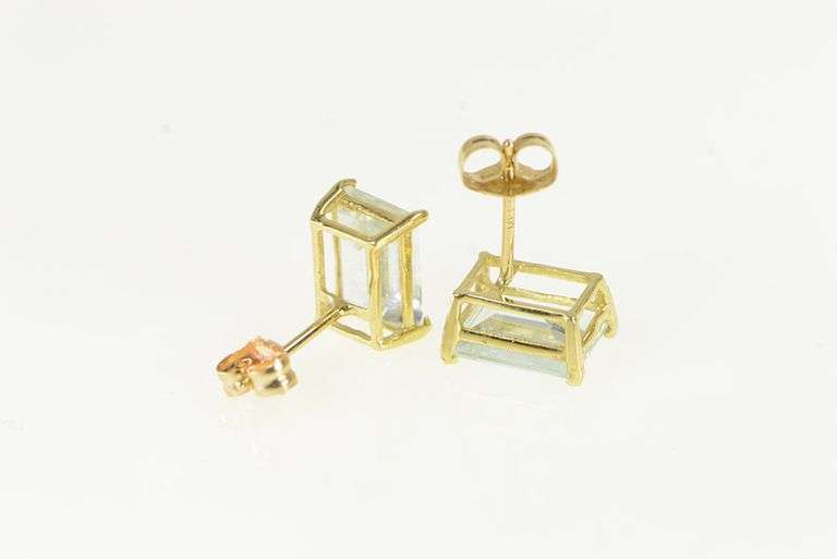 14K Yellow Gold Emerald Cut Aquamarine Solitaire Stud Earrings
