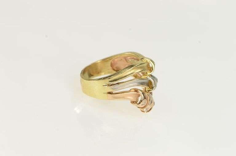 14K Yellow Gold Tri Tone Diamond Knot Wavy Layered Band Ring