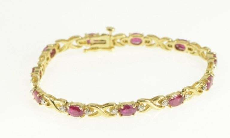 14K Yellow Gold 6.50 Ctw Oval Ruby Diamond Vintage Tennis Bracelet