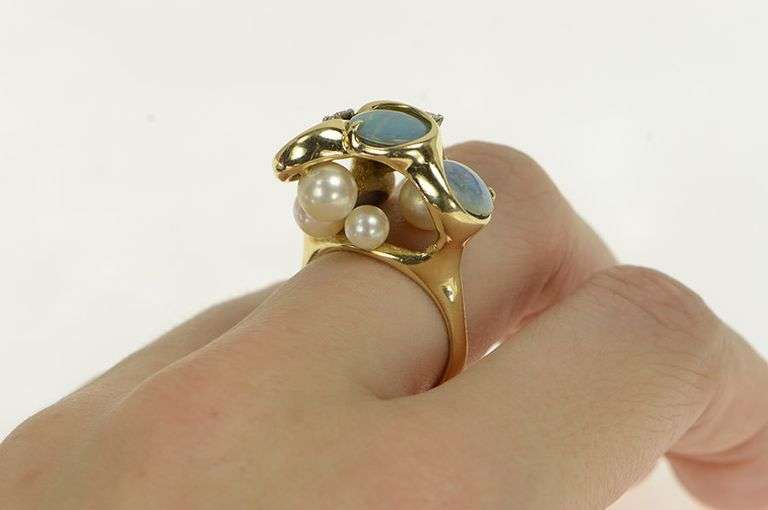 14K Yellow Gold Modernist Retro Opal Pearl Diamond Cluster Ring