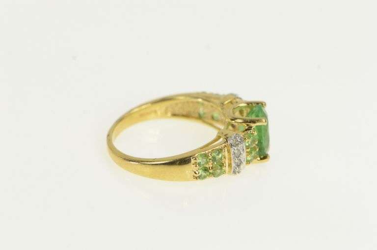 14K Yellow Gold Emerald Peridot Diamond Vintage Statement Ring