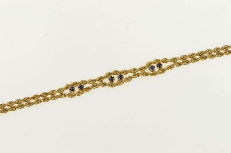 14K Yellow Gold Sapphire Ornate Rope Link Vintage Chain Bracelet