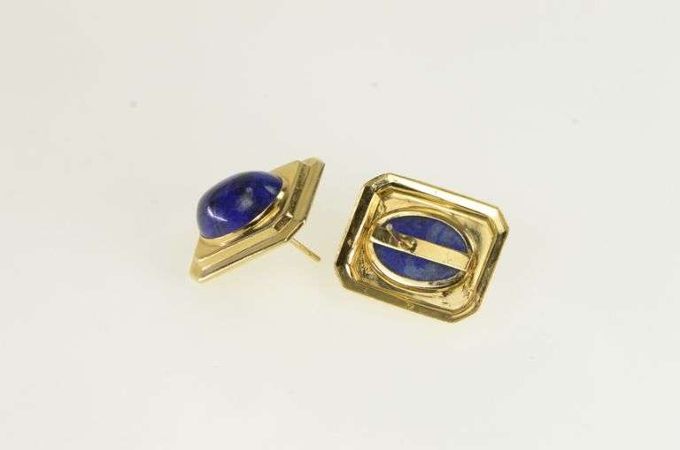 14K Yellow Gold Oval Lapis Lazuli Retro Squared Statement Earrings