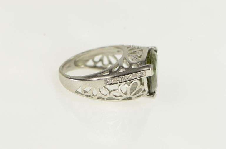 14K White Gold Trillion Tsavorite Ornate Floral Cocktail Ring