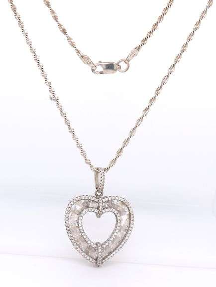 Vintage 925 Sterling Silver Cubic Zirconia Heart Shaped Pendant on Italian Rope Chain Necklace