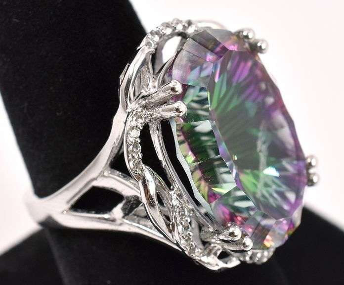 Brilliant 18.58CTS Mystic Quartz & 0.28CTW White Topaz Ring in Sterling Silver