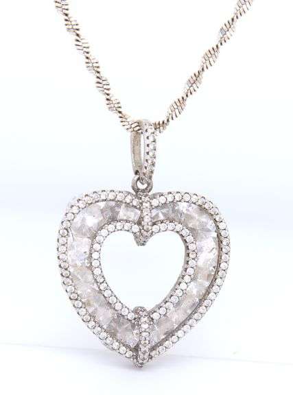 Vintage 925 Sterling Silver Cubic Zirconia Heart Shaped Pendant on Italian Rope Chain Necklace