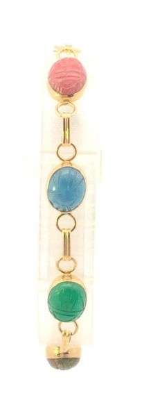 14K Yellow Gold Ancient Egyptian Scarab Symbol Carved Stone Bracelet