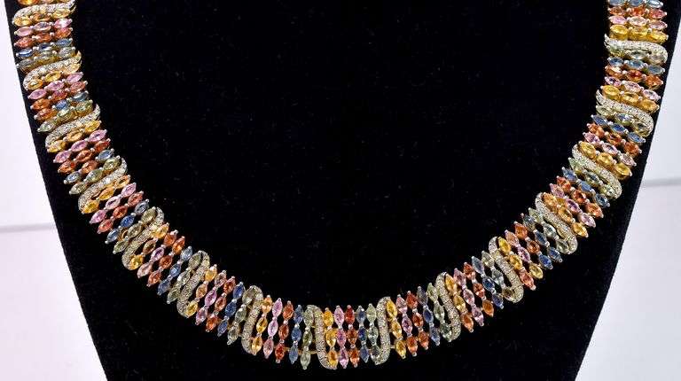 Jaw Dropping 25.35CTW Colorful Sapphires & 2.00CTW Diamond Necklace in Gold Plated Sterling Silver