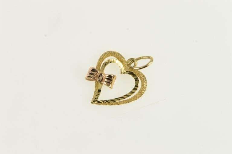 14K Yellow Gold Diamond Cut Heart Bow Ribbon Love Pendant