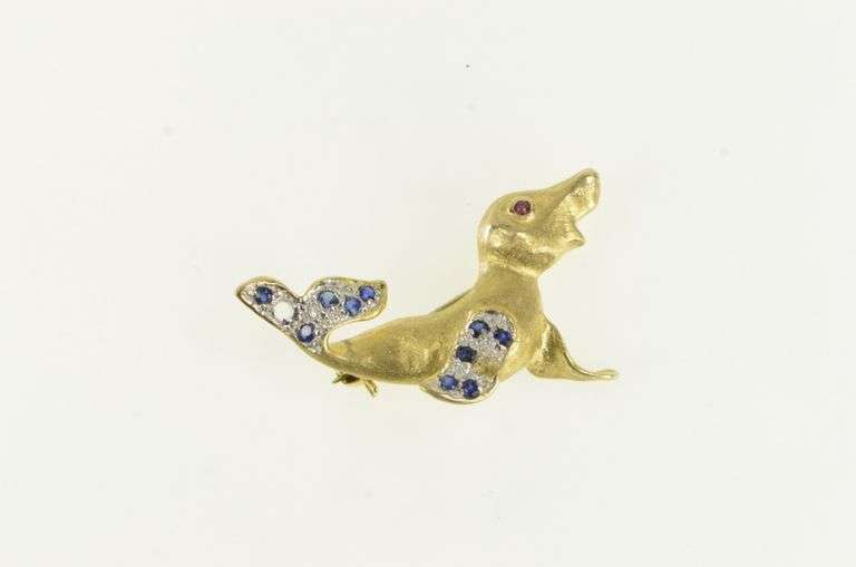 14K Yellow Gold Sapphire Inset Seal Sea Lion Animal Pin/Brooch