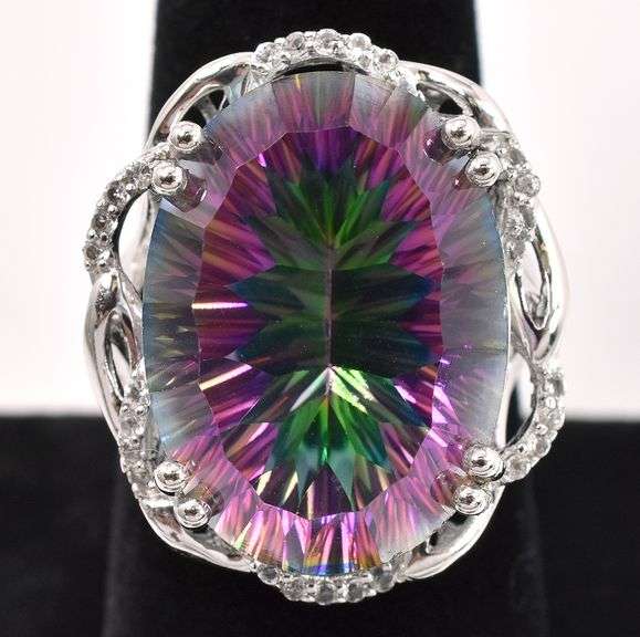 Brilliant 18.58CTS Mystic Quartz & 0.28CTW White Topaz Ring in Sterling Silver