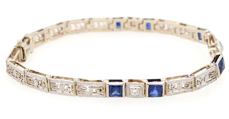 Vintage 0.12ctw Diamond and Synthetic Sapphire Heirloom Bracelet in 14K
