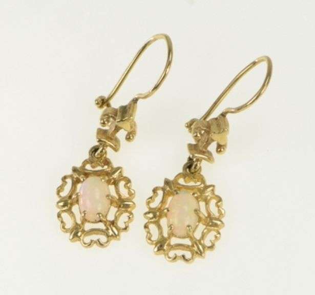 14K Yellow Gold Oval Natural Opal Retro Filigree Dangle Earrings