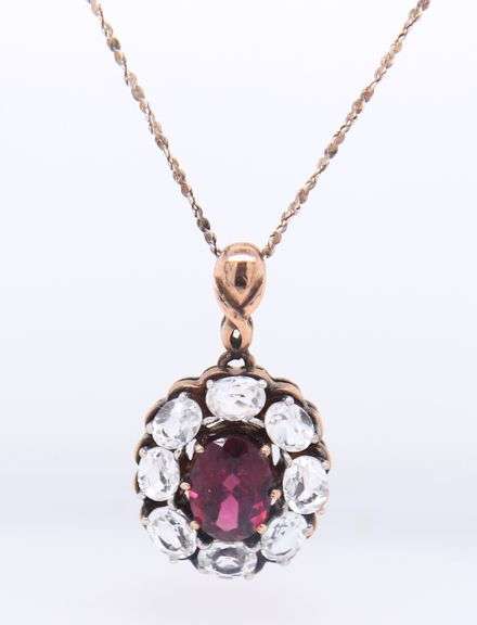 Vintage 95 Sterling Silver White and Red Cubic Zirconia Pendant on Italian Chain Necklace