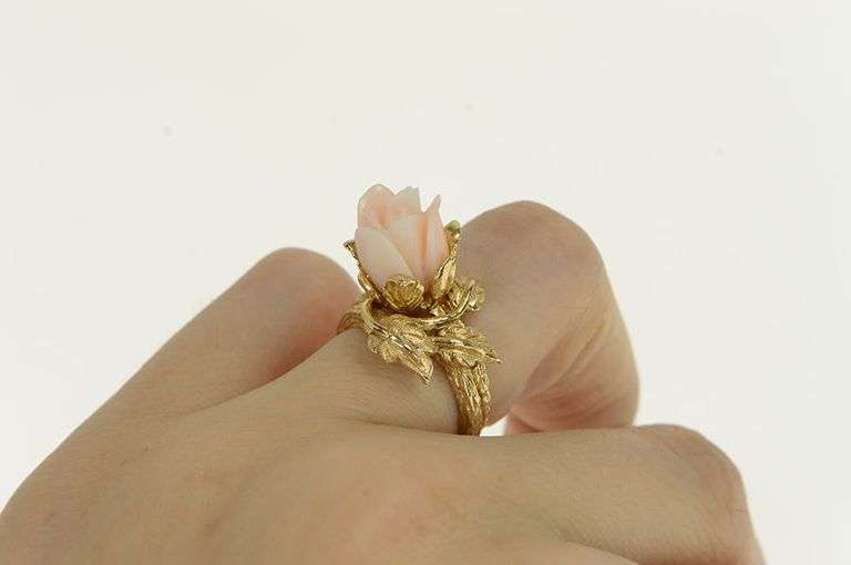 14K Yellow Gold Coral Rose Flower Engagement Bridal Set Ring
