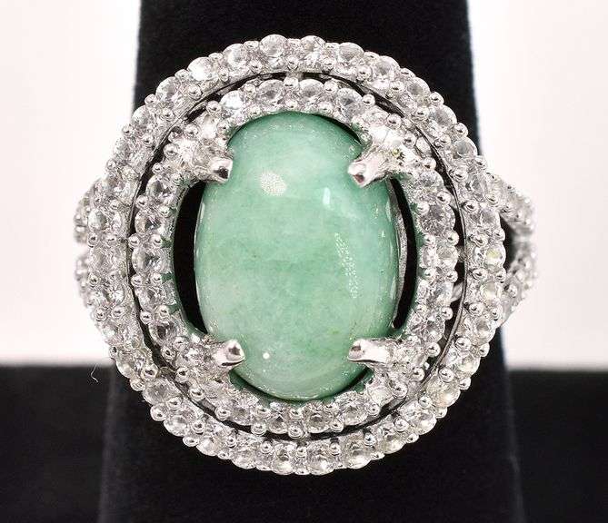 Gorgeous  6.50CTS Natural Emerald & 1.50CTW White Topaz Ring in Sterling Silver