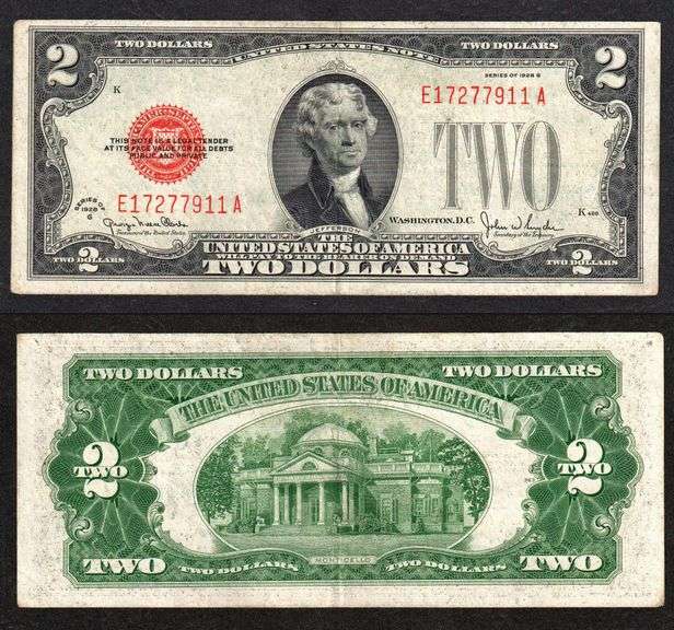 $2 1928-G Legal Tender Red seal and serial numbers