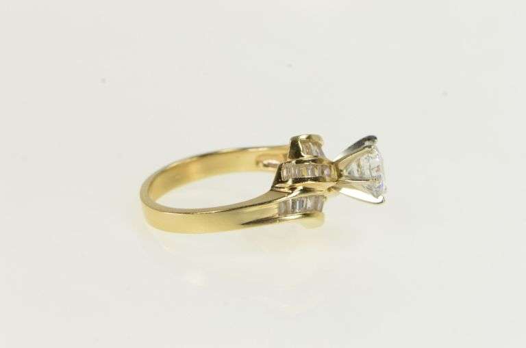 14K Yellow Gold Round Wavy CZ Travel Engagement Baguette Ring