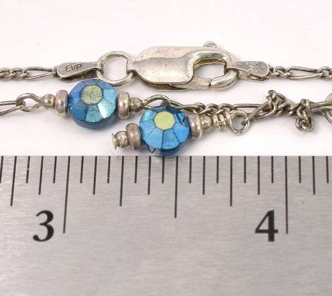 Signed Vintage Festoon Blue Bead Necklace In Sterling Silver