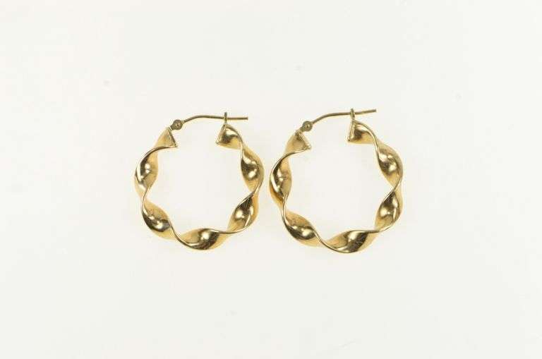 14K Yellow Gold 27.4mm Retro Twist Corkscrew Hoop Earrings